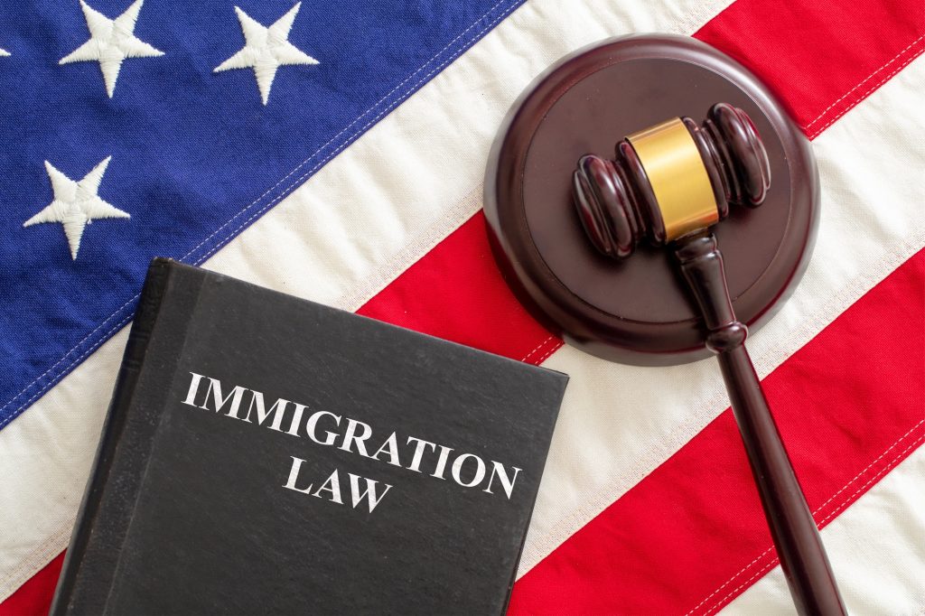 Judge gavel and Immigration Law book on United States of America flag.